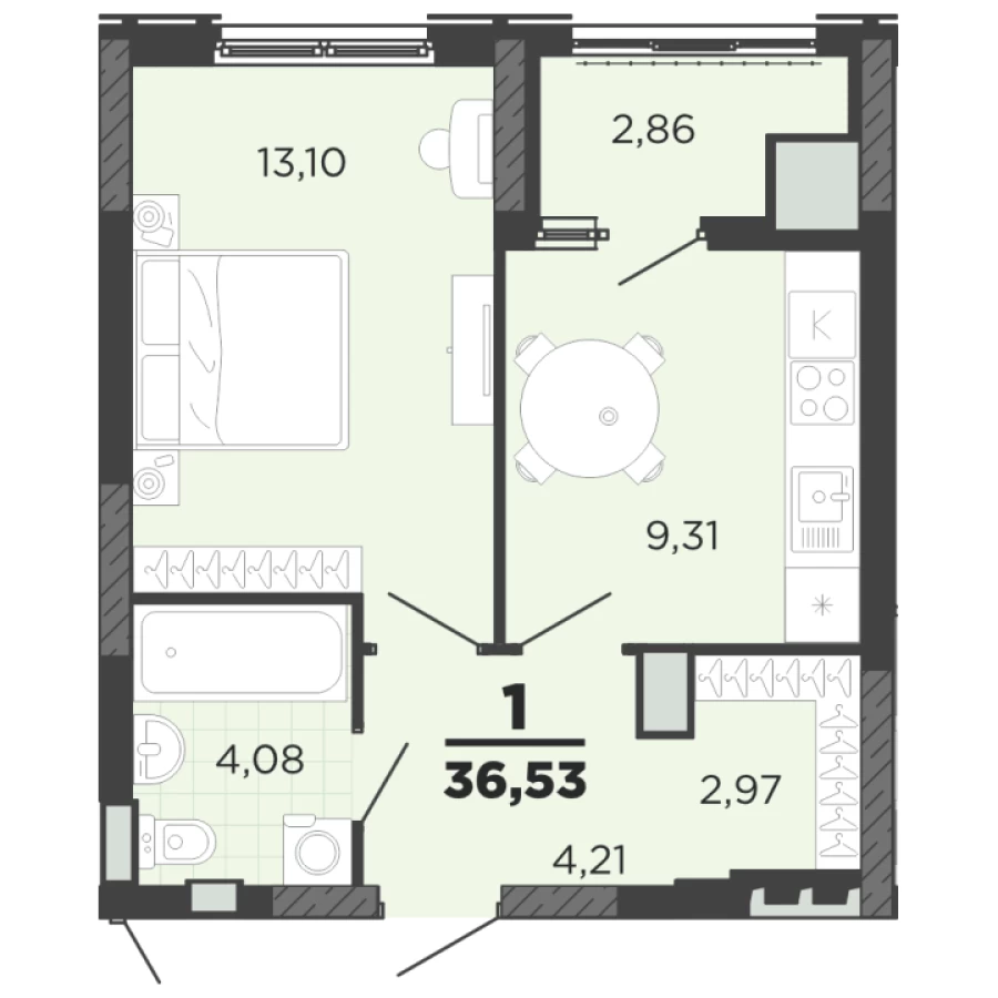 1-ая квартира площадью 36,53 м2 в современном ЖК